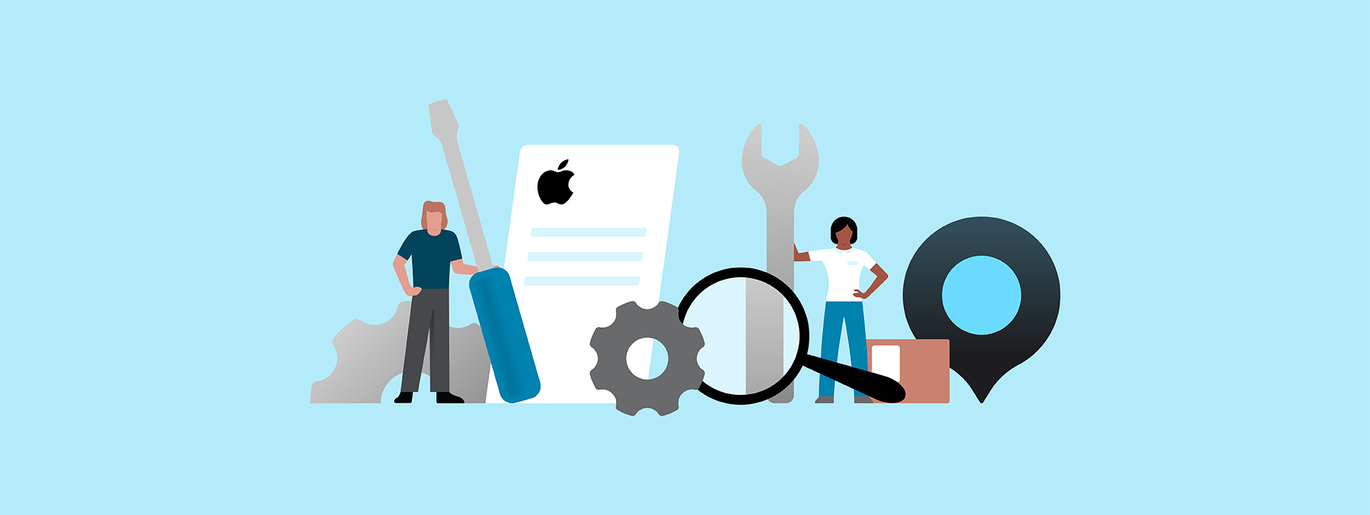 Illustratie van twee monteurs met gereedschap, een vergrootglas en een Apple-logo.
